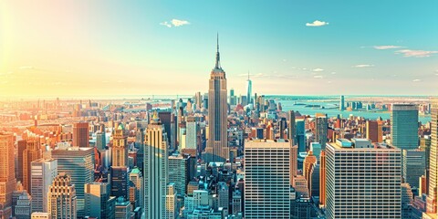 Stunning Aerial View of New York City Skyline Featuring Iconic Buildings and Bright Sunny Horizon at Sunset