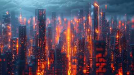 A futuristic city skyline with glowing skyscrapers and a fiery, illuminated street.