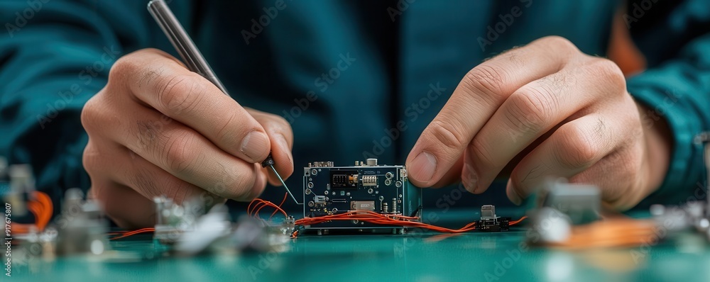 Wall mural close-up of an inventor s hands improving a compact energy device, intricate details visible, energy