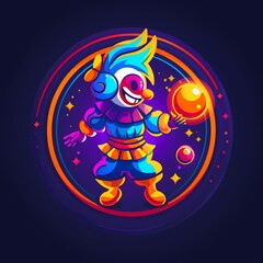 Fototapeta premium Colorful cartoon clown juggling planets in a vibrant cosmic setting.