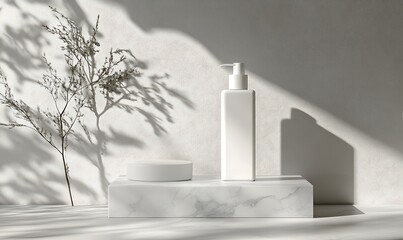 White Cosmetic Bottle Display with Dried Branch and Sunlight