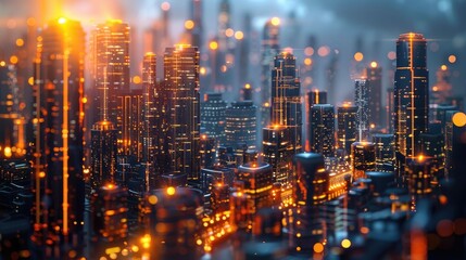 Fototapeta premium A futuristic cityscape at night, illuminated by glowing lights and a hazy atmosphere.