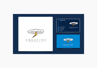 Overcast weather. Dark gray cloud with lightning and thunderstorm, it's raining, cartoon vector illustration with business card.