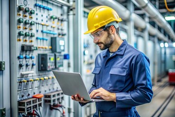 A man in a hard hat is looking at a tablet while standing in a room with many wi
