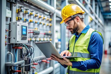 A man in a hard hat is looking at a tablet while standing in a room with many wi