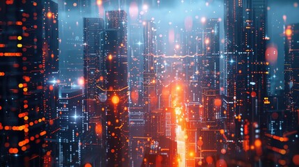 Fototapeta premium A futuristic cityscape with glowing lights and towering skyscrapers. The city is bathed in an ethereal blue light, and the streets are bustling with activity.