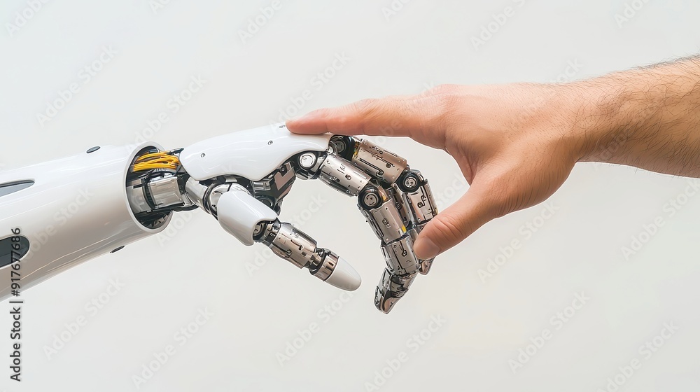 Poster symbolic connection between humanity and technology, a human hand reaching out to meet a robotic han