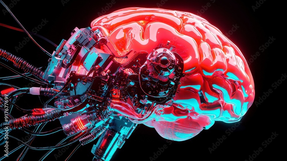 Poster neon glowing artificial brain, a vibrant digital representation of an illuminated brain against a so