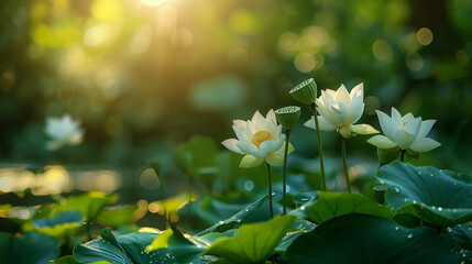 Blurred green background with sunlight, big lotus in the forest