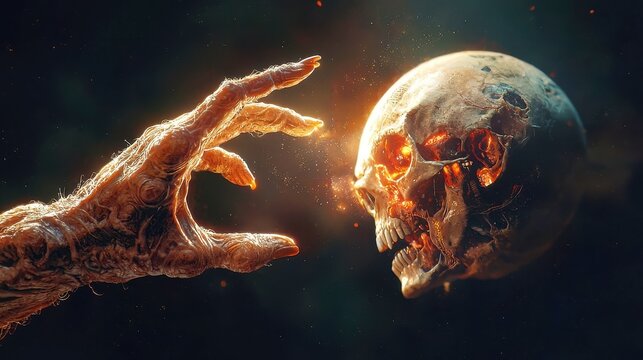 Ancient Alien Encounter, an extraterrestrial hand gently touches a luminous planet surface, set against a vast dark backdrop, evoking mystery and cosmic wonder.