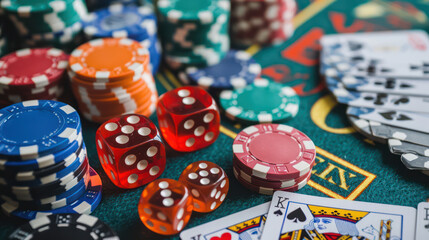 The concept games of chance. Casino gaming, roulette, cards, betting, chips, dice a world of chance and excitement. Online casino gambling concept for flyer, poster, banner, web, advertising