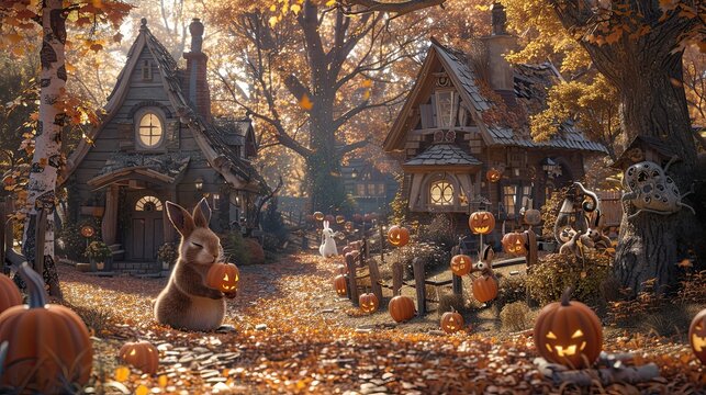 Charming scene of prairie animals in cute Halloween outfits going door-to-door for treats