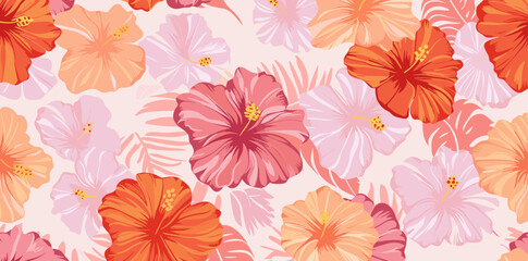 A vibrant and colorful seamless pattern featuring pink red and peach hibiscus flowers with delicate leaves perfect for tropical and summer designs