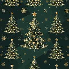 Seamless pattern featuring sparkling gold Christmas trees on a dark green background with golden snowflakes The festive design is perfect for wrapping paper greeting cards and holiday decorations