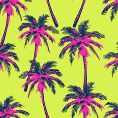 A vibrant seamless pattern featuring pink and blue palm trees against a bright yellow background creating a tropical and summery design