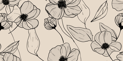 Elegant black and white floral pattern with beige background showcasing stylized flowers and leaves in a seamless design