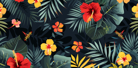 Seamless tropical pattern with vibrant hibiscus flowers palm leaves and lush foliage on a dark background perfect for textile wallpaper or packaging design