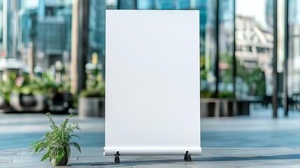 Empty white banner placed outdoors in urban setting, perfect for advertisement, text or branding, with blurred modern cityscape in background.
