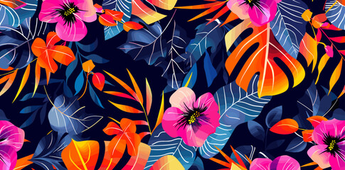 Vibrant tropical floral pattern with pink flowers orange and blue leaves on a dark blue background