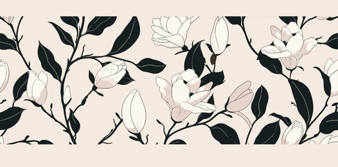 Seamless pattern with white magnolia flowers and dark leaves on a light background