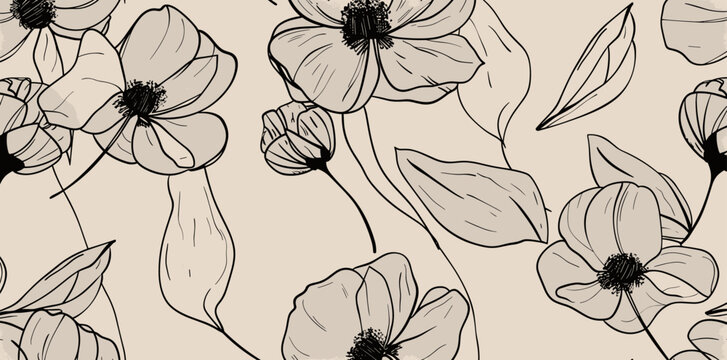 Elegant black and white floral pattern with beige background showcasing stylized flowers and leaves in a seamless design