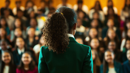 poc female class president stands in front of school assembly wearing green blazer to give speech, back view