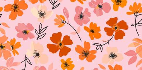 Seamless Pattern of Orange and Pink Flowers on a Pink Background
