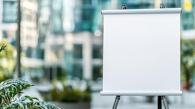Blank flipchart against modern urban background, ready for business presentation or brainstorming session outside in a green workspace.