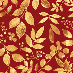 Seamless pattern with golden leaves and berries on a red background Perfect for holiday wrapping paper invitations or festive decor