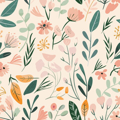 Seamless pattern of abstract flowers and leaves in pink green and orange hues on a soft beige background perfect for textile wallpaper or digital design