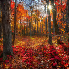Fototapeta premium A wide-angle shot of a dense forest in full autumn colors