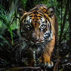 Fototapeta premium Mysterious Sunda Tiger in the Rainforests of Sumatra