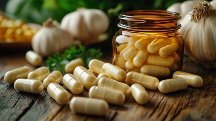 Garlic capsules in brown glass jar on rustic wooden table with fresh garlic bulbs and herbs in the background, natural health supplement.