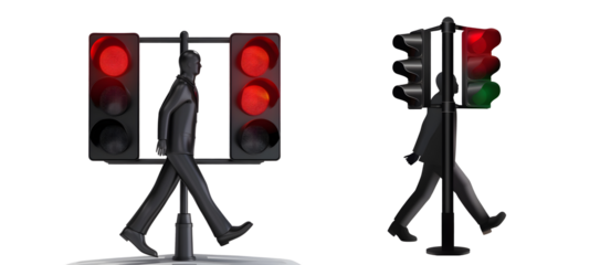 The Walking Man: A whimsical and symbolic image of two walking men, each with a red and green traffic light, representing the choices and paths we take in life.  A conceptual artwork that invites cont