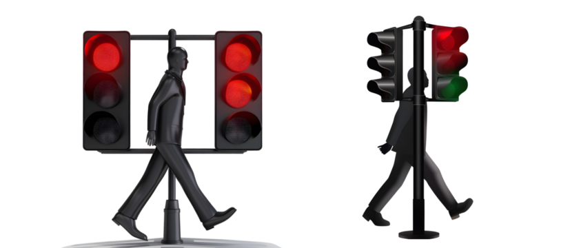 The Walking Man: A whimsical and symbolic image of two walking men, each with a red and green traffic light, representing the choices and paths we take in life.  A conceptual artwork that invites cont