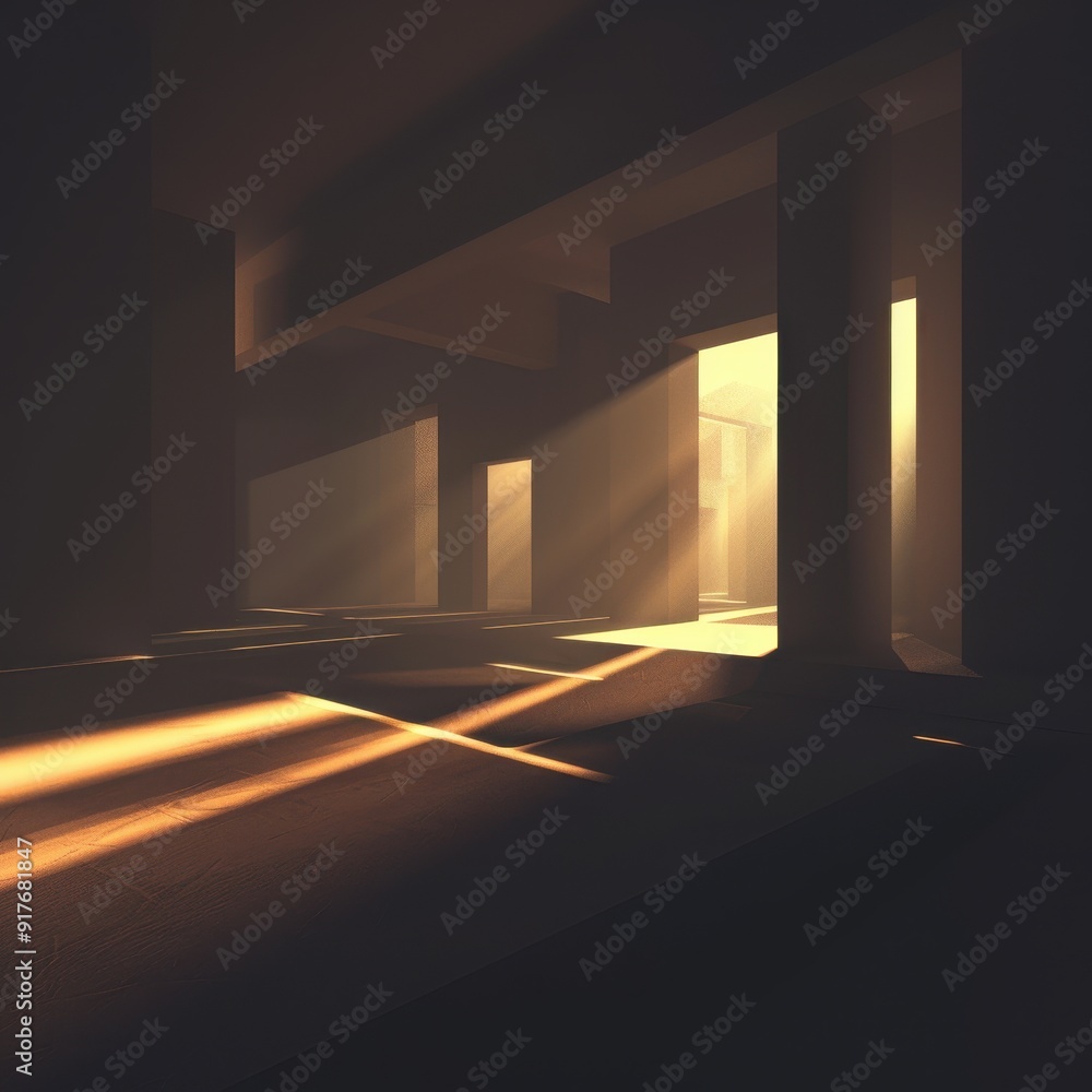 Poster Abstract light and shadow in a dark room with beams of warm sunlight creating intriguing patterns, evoking a sense of mystery and calm.