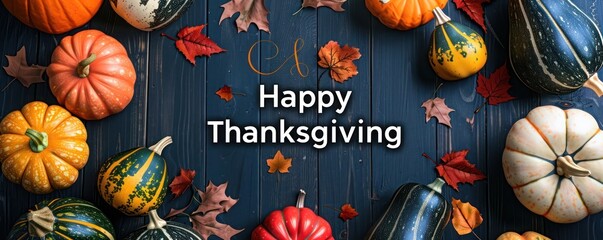 Vibrant Happy Thanksgiving greeting with an array of pumpkins, squash, and leaves on a dark wood background, highlighting the festive spirit.