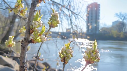 Spring tree buds growing in front of the richmond tower that over the river