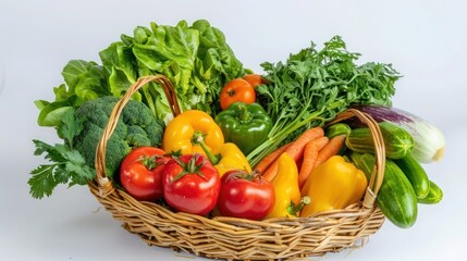 Vibrant raw vegetables in a wicker basket, showcased on a bright white background with crisp lighting