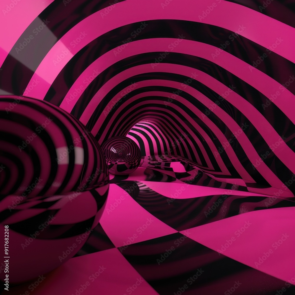 Poster abstract tunnel with pink and black stripes creating a surreal and futuristic visual effect. ideal f