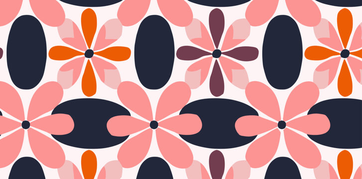 Abstract floral pattern with overlapping pink orange and purple flower shapes on a white background. The pattern is perfect for a variety of uses including textile design wallpaper and packaging