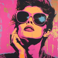 Pop art-inspired portrait of a woman in large sunglasses and vibrant colors, striking a confident pose against a bold background.