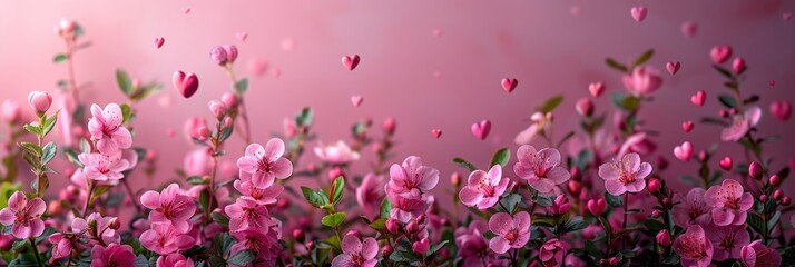 Fototapeta premium Pink Cherry Blossoms with Floating Hearts