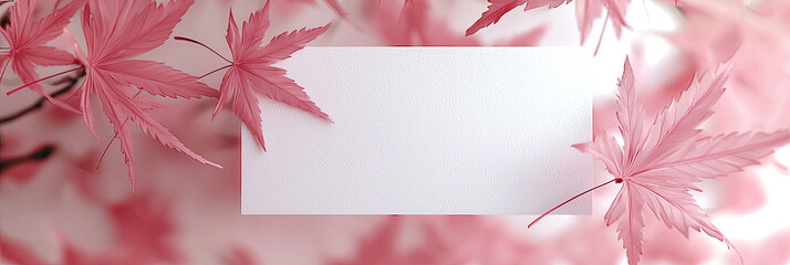 Obraz premium A white card with a pink maple leaves background, generative AI
