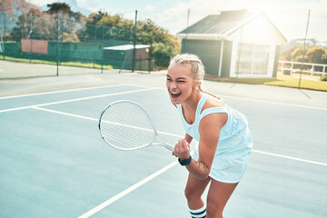 Tennis player, woman and excited for celebration on court with screaming, victory fist and match...