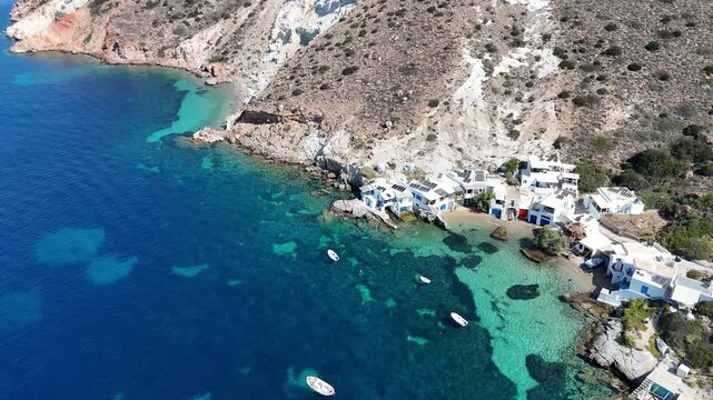 View of Fourkovouni a small picturesque settlement in Milos island, Cyclades, Greece
