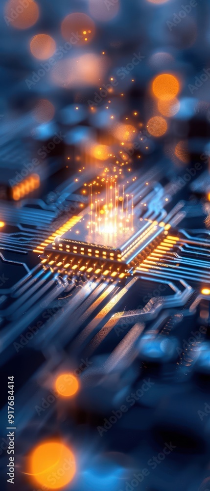 Poster a close-up of a computer chip emitting light, showcasing vibrant technology and modern electronics i