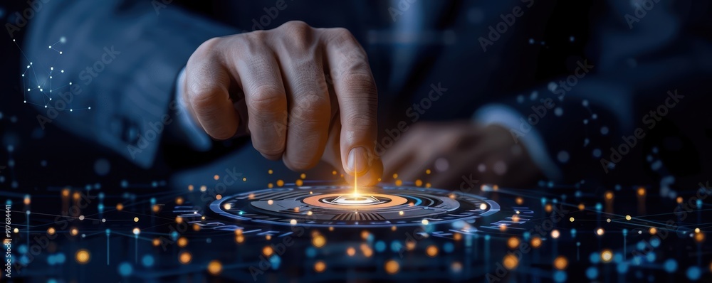 Poster a close-up of a hand touching a glowing digital interface, symbolizing technology, innovation, and i