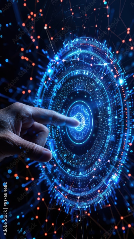 Poster a futuristic hand interacting with a glowing digital interface, representing technology and innovati