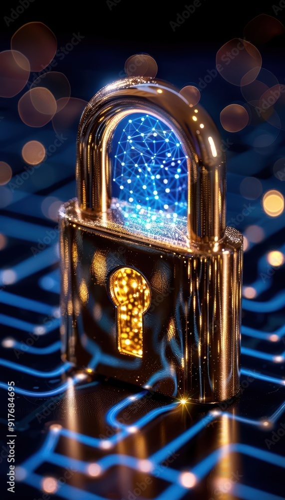Poster a futuristic lock symbolizes digital security and data protection, illuminated with vibrant lights a